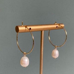 18k Gold Plated Freshwater Pearl Earrings, Handmade Hoop Earrings • Minimalist Womens Gift