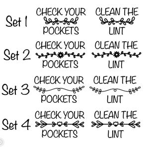 Laundry Room Vinyl Decals, Check Pockets Clean Lint, Set of 2