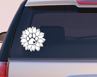 Dog Paw Print Sunflower Vinyl Car Decal, Paw Print Decal, Sunflower Car Decal, Dog Mom Decal for Car and Tumblers, Sunflower Decal