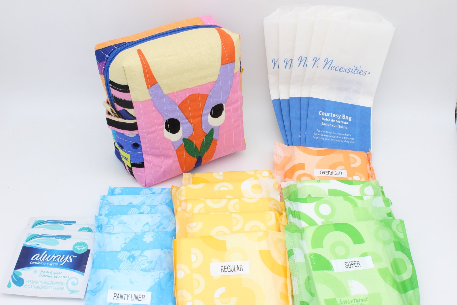 First period kit stocked with menstrual products for the Etsy