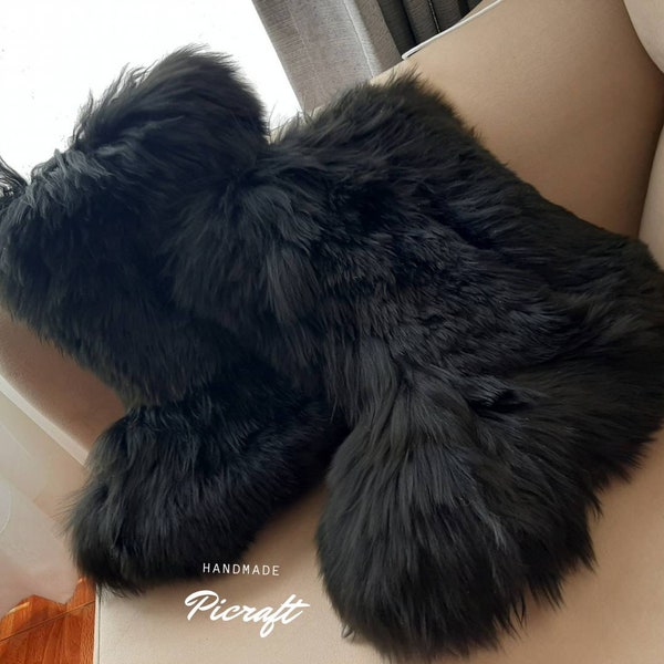 Fur boots -  black boots slippers  - Unisex Alpaca fur slippers - home slippers  - very soft touch - winter boots