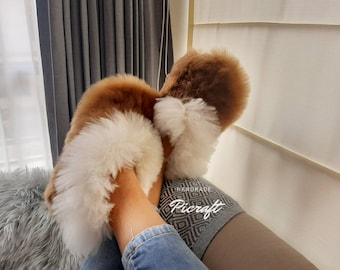 Brown slippers - Unisex Alpaca fur slippers - home slippers  - very soft touch