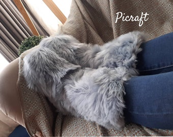 Fur boots - gray boots slippers - Unisex Alpaca fur slippers - home slippers - very soft touch