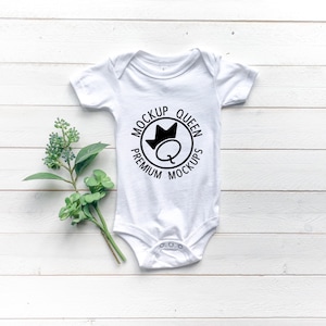 Bella Canvas 100b White Baby Bodysuit Mockup  // Natural White Wood Background // Baby Flatlay Mockup, Blank Baby Shirt