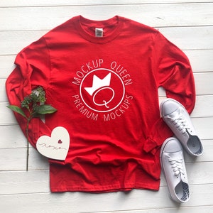 Gildan 2400 White Long sleeve Mockup- Valentines Day Mockup - Long Sleeve Mockup, Gildan Red Mockup, Styled Gildan Flatlay