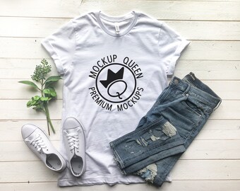 White Crew Neck T- Shirt Mockup, Bella Canvas 3001 - White Wood Background - Simple Flatlay with Shoes and Jeans, Simple Classic Mockup