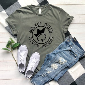 Bella Canvas Heather Military Green T- Shirt Mockup - Spring Mockup - DIGITAL MOCKUP  - Jeans with Shoes mockup, Spring or Summer flatlay