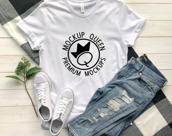 White T Shirt Mockup - Bella Canvas BC3001 - White Wood Background - Digital Mockup with Shoes and Jeans, Styled Flatlay for Shirt Sellers