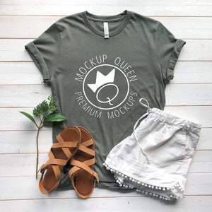 Bella Canvas 3001 Heather Military Green T- Shirt Mockup - Spring Summer Mockup - DIGITAL MOCKUP - Shorts and Sandals mockup, Styled Flatlay