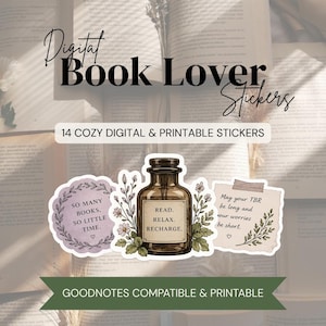 May include: A set of 14 digital and printable stickers featuring book-themed illustrations. The stickers include a purple circular label with text, a brown apothecary bottle with floral accents, and a beige note with handwritten-style text.