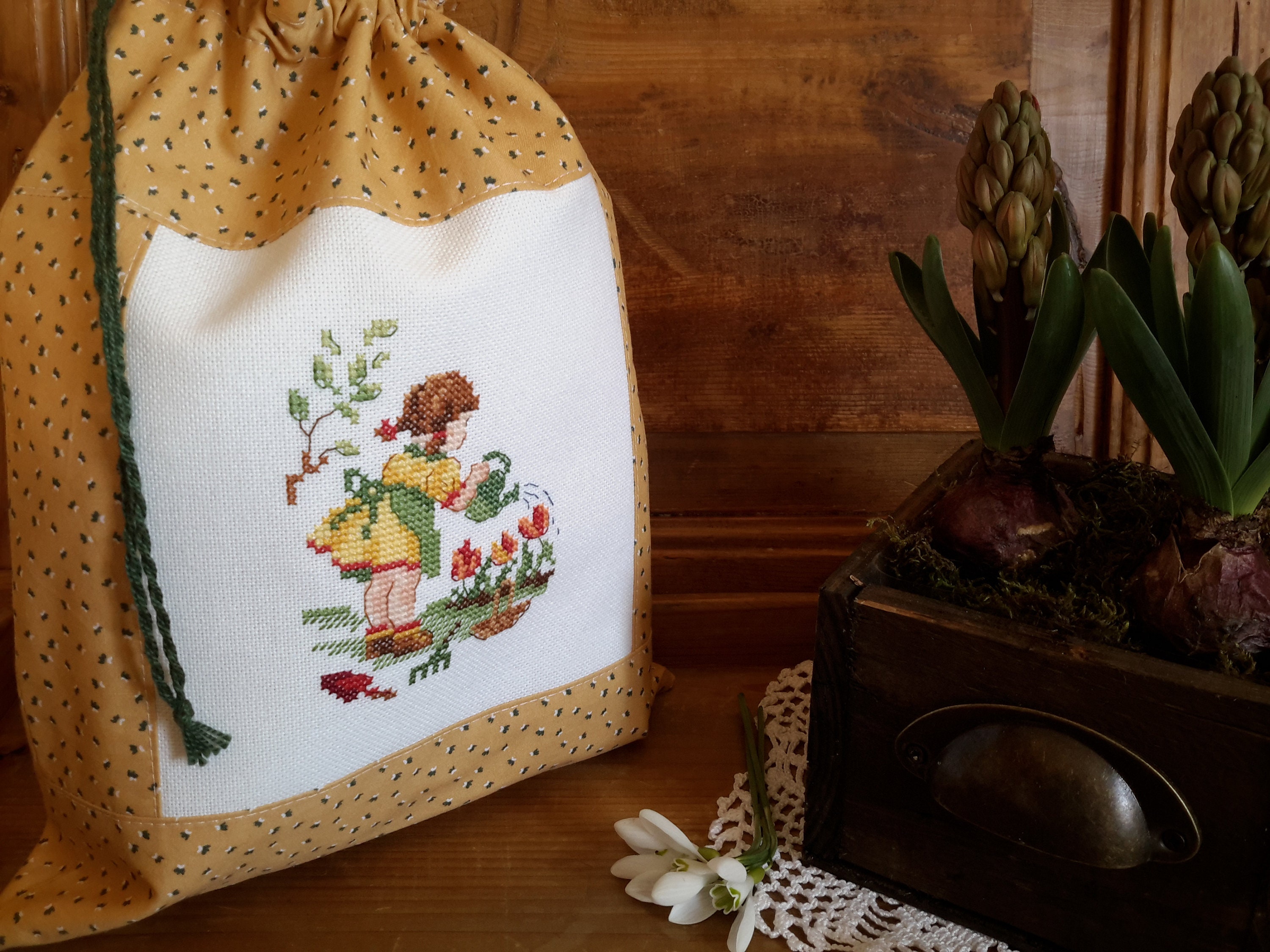 Sac de Rangement/ Pochon/Sac Rangement Jouets/Sac Crèche/ Cadeau Naissance/ Broderie Au Point Croix/