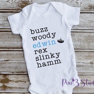 Personalized Cute Toy Story Baby Onesie – Cozy Outfit Featuring Beloved Characters | Pregnancy Announcement, Newborn, Infants, Dinsey Trip