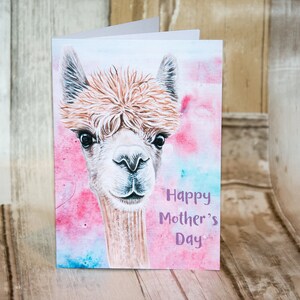 Tarjeta de felicitación para el Día de la Madre con alpaca, color rosa, tamaño A6