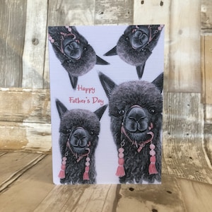 Alpaca Father's Day card, black alpaca, black cria with halters, A6 Greetings Card