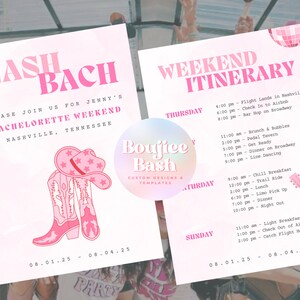 Nashville Bachelorette Party Invitation Itinerary Template, Nash Bach Weekend Invite, Last Rodeo, Western, Country, Disco, Pink, Canva