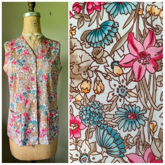 Bright Floral Print Sleeveless Button Front Top - image 1