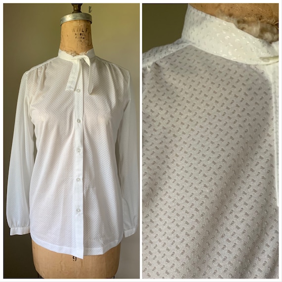 80’s Spiegel White Knit Jacquard Pussy Bow Blouse - image 1