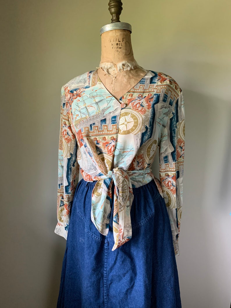 Vintage 90\u2019S Silk Nautical Print Blouse
