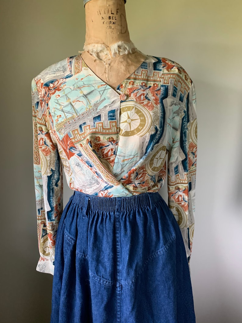 Vintage 90\u2019S Silk Nautical Print Blouse