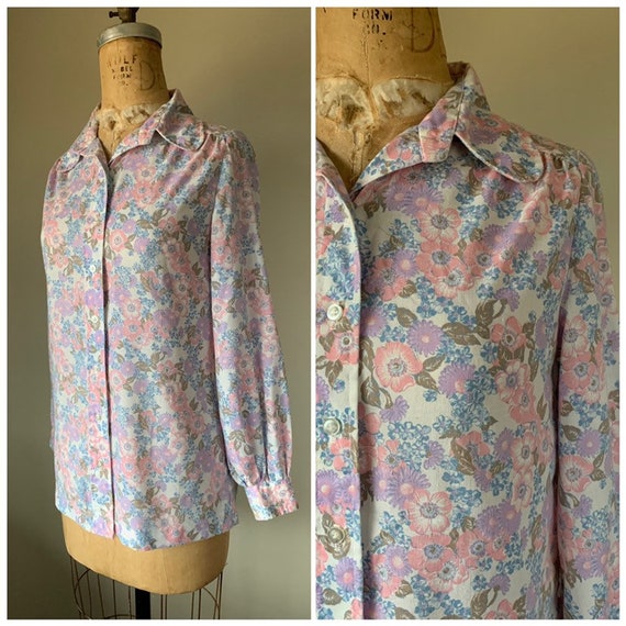 1970’s Sweet Pink/Purple Floral Print Ladies Blou… - image 3