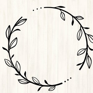 May include: Black and white wreath with simple leaf designs. The wreath is circular and has a minimalist style.