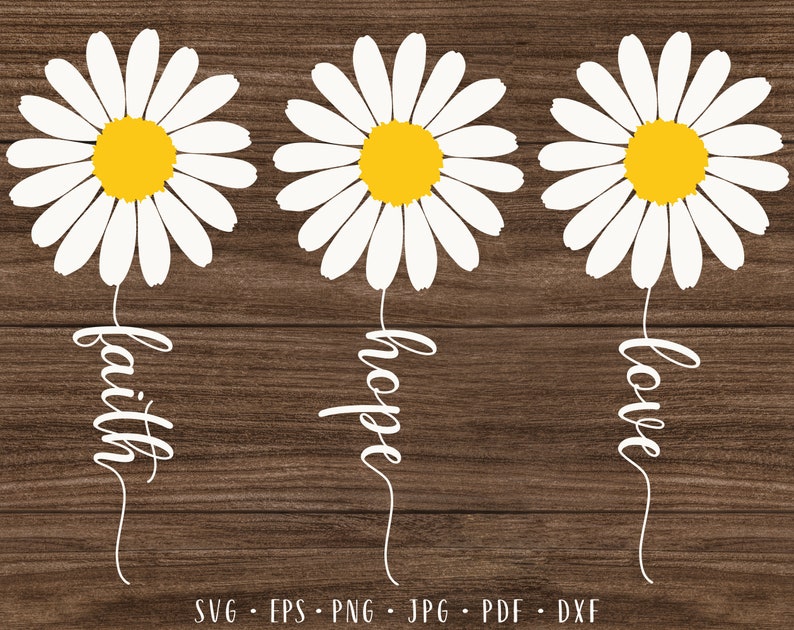 May include: Three white daisy flowers with yellow centers on a brown wood background. The flowers have stems with the words "faith", "hope", and "love" written in white.