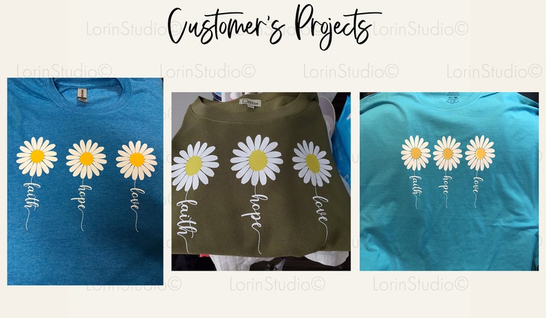 May include: Three t-shirts with a daisy design and the words "faith", "hope", and "love" printed on them. The shirts are in blue, green, and turquoise.