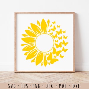 Peut inclure: Un tournesol jaune avec un cercle au centre entour&eacute; d'un anneau de papillons jaunes. L'image est encadr&eacute;e dans un cadre en bois clair.