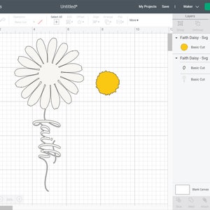 May include: A digital design for a craft project featuring a daisy flower with a stem that says "faith" in a cursive font. The design also includes a yellow circle.