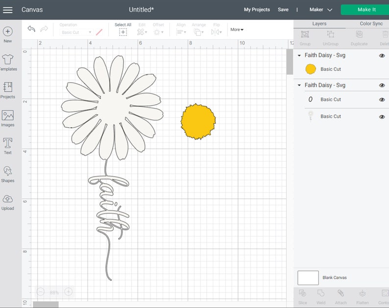 May include: A digital design for a craft project featuring a daisy flower with a stem that says "faith" in a cursive font. The design also includes a yellow circle.