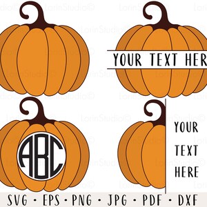 Puede incluir: Cuatro variaciones de un diseño de calabaza para proyectos de manualidades. La primera calabaza es simple. La segunda calabaza tiene el texto "YOUR TEXT HERE" dividido en la parte superior e inferior de la calabaza. La tercera calabaza tiene un círculo en el centro con las letras "ABC" dentro. La cuarta calabaza tiene el texto "YOUR TEXT HERE" dividido en el lado derecho de la calabaza.