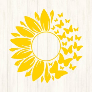 Peut inclure: Un tournesol jaune avec un cercle au centre entour&eacute; de papillons jaunes.