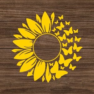 Peut inclure: Un tournesol jaune avec un cercle au centre et un anneau de papillons jaunes autour.