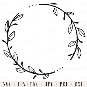 May include: A black and white wreath with leaves and branches. The wreath is circular and has a simple, elegant design.