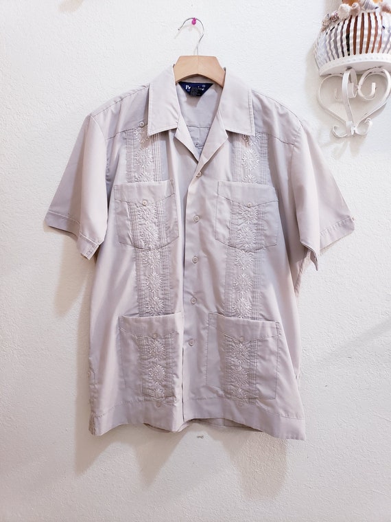 Boho Wedding Groom Guayabera Shirt/Beige Embroider