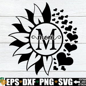 Moeder SVG, Moederdag SVG, halve zonnebloem halve harten, schattige moeder SVG, moeder decor SVG, Moederdag cadeau afbeelding, Moederdag shirt SVG, gesneden bestand