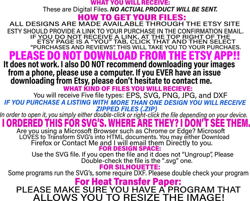 May include: A pink and white text graphic with the words "WHAT YOU WILL RECEIVE:" and "These are Digital Files. NO ACTUAL PRODUCT WILL BE SENT."  The text graphic also includes instructions on how to download digital files from Etsy. The text graphic also includes instructions on how to open SVG files in design software.