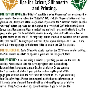 May include: A text-based guide on which file format to use for Cricut, Silhouette, and printing. The guide explains the differences between the "Editable" SVG, "Non-Editable" SVG, DXF, and PNG file formats. It also provides tips for using the files with different software and printers.
