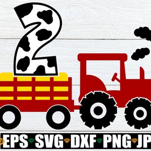 2 Geburtstag, Geburtstag zwei, Traktor zieht eine Zwei, Traktor zieht eine Zwei, Bauer Geburtstag, Kuh Druck 2, SVG, Cut File, druckbare Datei
