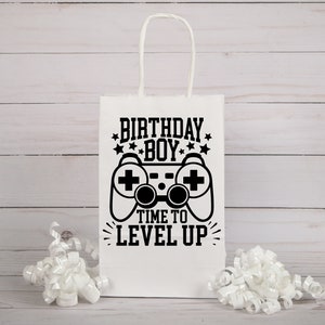 May include: White gift bag with black text and a video game controller graphic. The text reads "Birthday Boy" and "Time to Level Up".