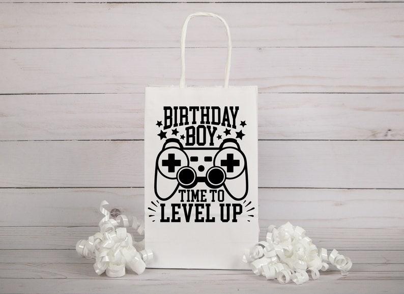 May include: White gift bag with black text and a video game controller graphic. The text reads "Birthday Boy" and "Time to Level Up".