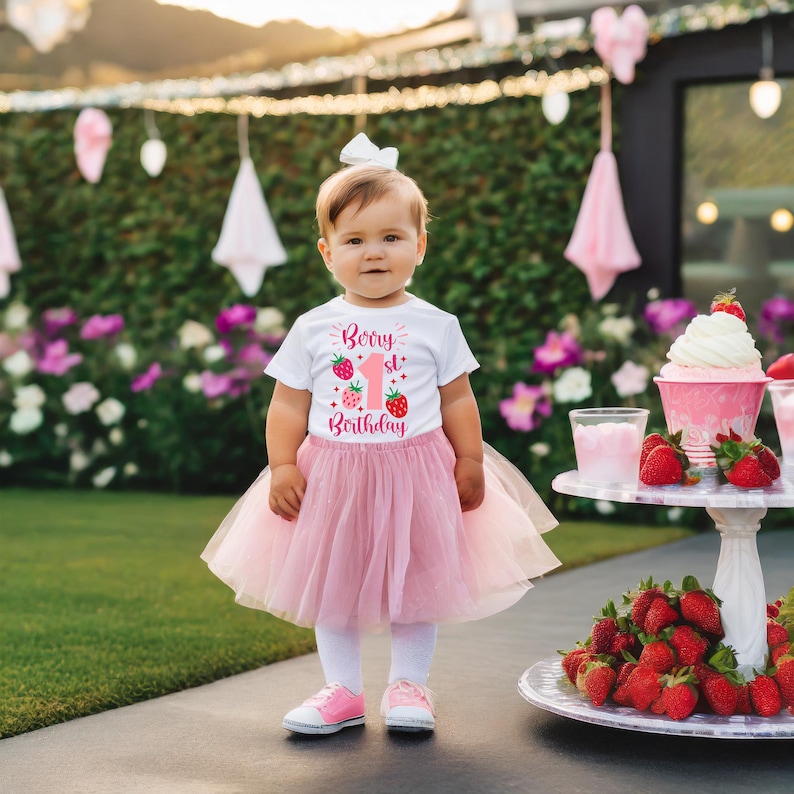May include: A little girl wearing a white shirt with a pink strawberry graphic that says "Berry 1st Birthday" and a pink tulle skirt. She is standing in a garden setting with a cake and strawberries in the background.