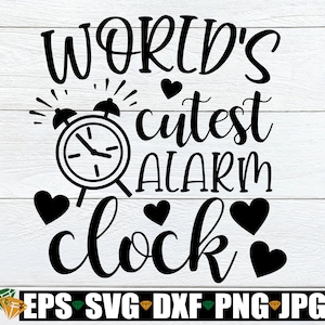 Op de afbeelding: Zwart-wit grafisch ontwerp met de tekst "World's cutest alarm clock" en een klok met hartjes eromheen.