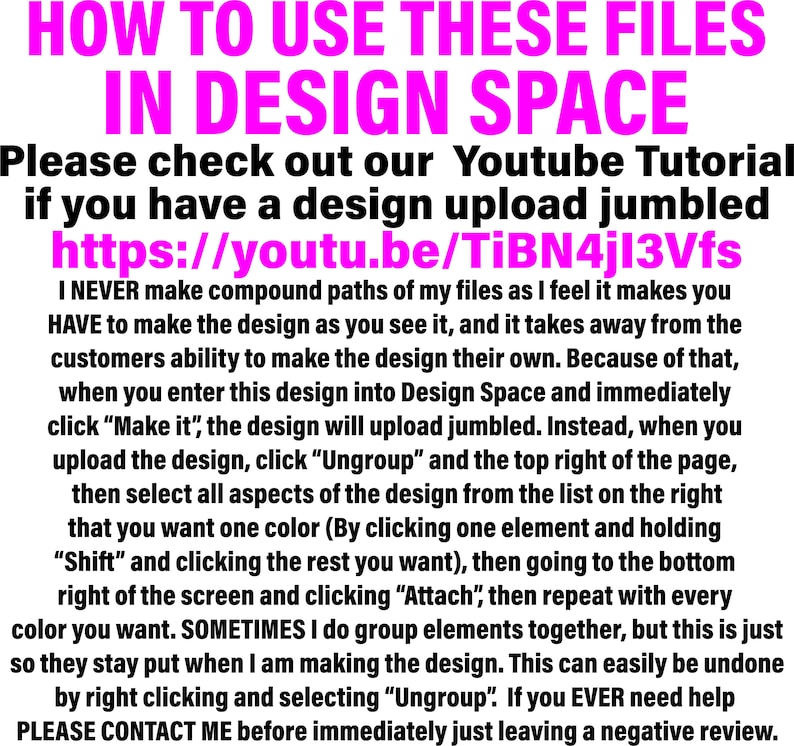 Pu&ograve; includere: Testo rosa su sfondo bianco con istruzioni su come utilizzare i file di progettazione in Design Space. Il testo include un link a un tutorial di YouTube: https://youtu.be/TiBN4jI3Vfs