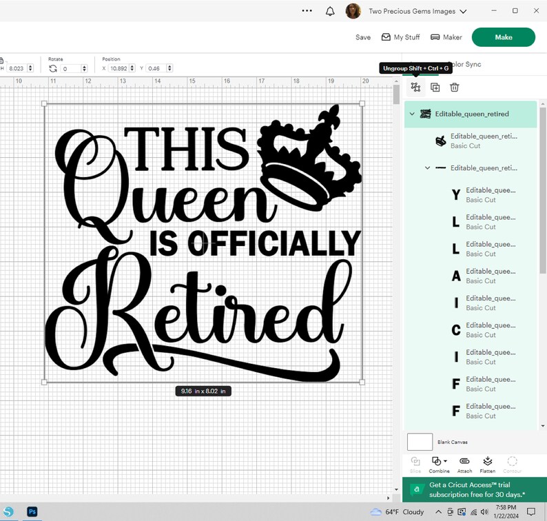 May include: Black and white design for a craft project that says "This Queen is Officially Retired" with a crown above the word "Queen".