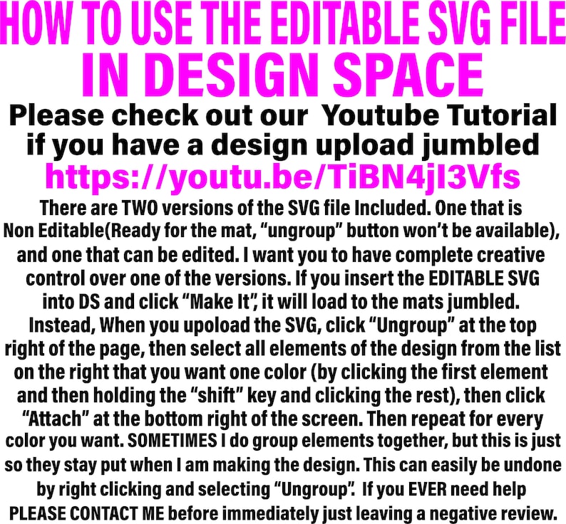 Pu&ograve; includere: Un'immagine di testo con istruzioni su come utilizzare un file SVG modificabile in uno spazio di progettazione. L'immagine include un collegamento a un tutorial di YouTube per ulteriore assistenza. Il testo menziona le funzioni "disaggrega" e "attacca", suggerendo un programma di progettazione come Adobe Illustrator o Cricut Design Space.