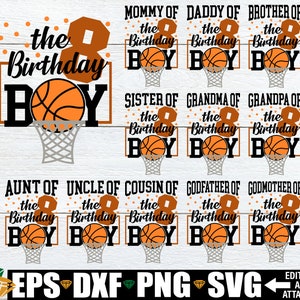 Basket-ball anniversaire svg, svg 8e anniversaire, anniversaire de basket-ball de famille assorti, anniversaire de basket-ball assorti de famille, anniversaire de thème de basket-ball