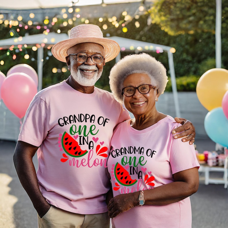 May include: A couple wearing pink t-shirts with watermelon graphics and the text "Grandpa of one in a melon" and "Grandma of one in a melon".