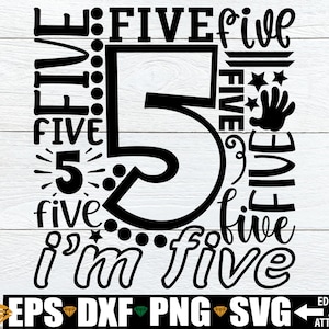 Ich bin Fünf svg png dxf, Fünfter Geburtstag svg png, Fünf Typografie svg, Zahl Fünf Wortkunst, Fünf Wort Collage svg png, 5. Geburtstag Shirt svg