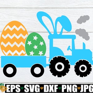 May include: A blue tractor with bunny ears pulls a wagon carrying two Easter eggs. One egg is yellow with a chevron pattern and the other is green with white stars.
